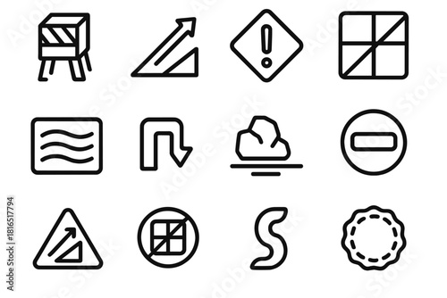 Pathway Obstruction Icons. Pathway Obstruction Set linear icon set: barrier cube, tough incline arrow, hazard block, obstructed route tile, friction ridge bar, tight bend cue