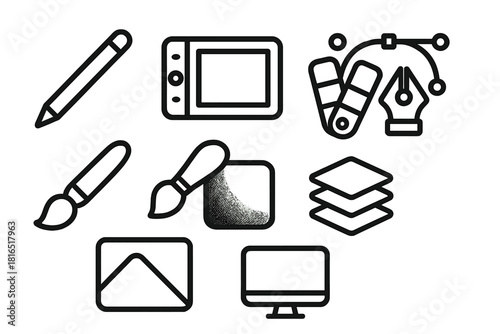 Digital Design Icons. Modern Illustration Tools linear icon set: stylus, tablet, color picker, vector shapes, brush, gradient, layers, screen