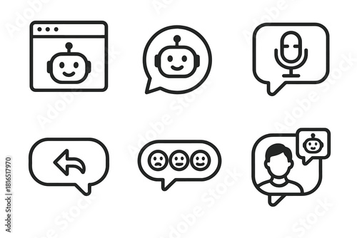 AI Communication Icons. AI Messaging linear icon set. chatbot interface, virtual assistant bubble, voice-to-text icon, smart reply, sentiment analysis, AI avatar.