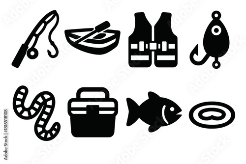Brutalist Fishing Icons. Lakeside Fishing Set silhouette icon set: fishing pole, boat, life vest, lure, worm, cooler, fish, water ripple