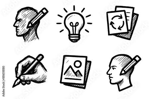 Creative Process Icons. Creative Determination linear icon set: rough sketch, persistent pencil strokes, idea spark, revision loop, refined detail, finalized artwork icon