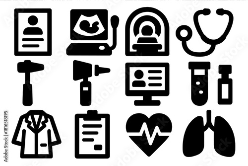 Brutalist Medical Icons. Clinical Examination silhouette icon set: patient chart, ultrasound, MRI scanner, stethoscope, reflex hammer, otoscope, computer screen, lab sample, doctor