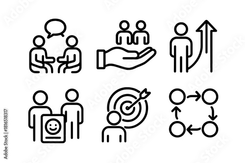 Team Leadership Icons. Adaptive Team Leadership Set linear icon set: group discussion, support hand, guidance arrow, feedback card, shared goal icon, dynamic flow