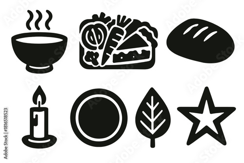 Bold Seasonal Icons. Seasonal dishes silhouette icon set : soup bowl, roasted vegetables, pie slice, bread loaf, candle, plate, leaf, star