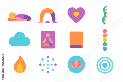Minimalistic Yoga Symbols. Wellness & Yoga Symbols flat icon set: restorative pose, balance arc, mindful heart, spine alignment curve, calm cloud, pose guide card, soft mat texture