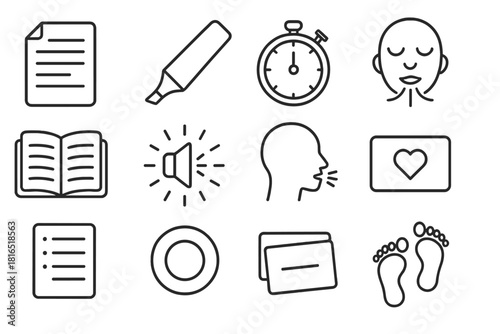 Speech Preparation Essentials. Speech Preparation Basics linear icon set: outline sheet, highlight mark, practice timer, calm breath icon, rehearsal notes, clarity beam, voice