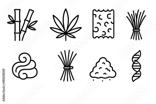 Renewable Material Icons. Renewable Materials Concepts Sources linear icon set: bamboo stalk, hemp leaf, cork tile, wool fiber, flax bundle, bioplastic pellet, paper pulp