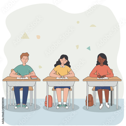 Diverse group of students sitting at desks in a classroom and writing in notebooks.