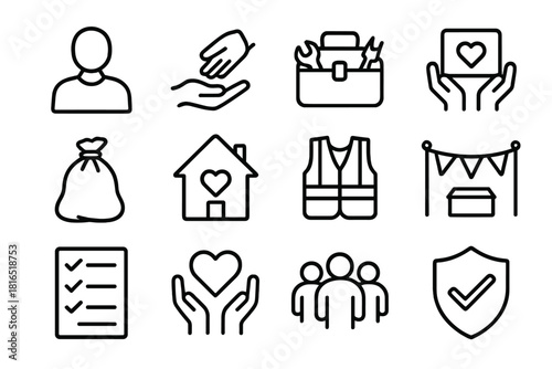 Community Service Icon Set. Labor Day Community Service Roles Elements Set linear icon set: volunteer figure, helping hand, tool kit, donation box, cleanup bag, community house