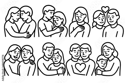 Emotional Connection Icons. Emotional bonding themes linear icon set: deep connection, mutual support, gentle vulnerability, shared joy, emotional safety, meaningful moments