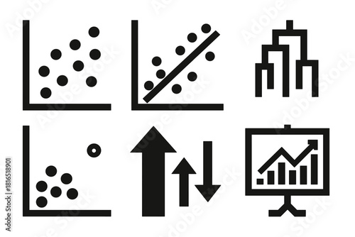 Bold Statistical Icons. Statistical Analysis silhouette icon set. correlation chart, regression line, ANOVA diagram, outlier detection, trend arrows, data visualization board.