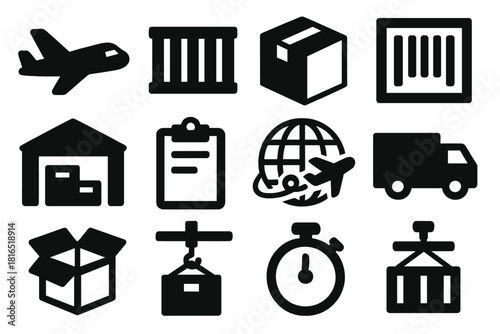 Bold Air Cargo Icons. Air Cargo silhouette icon set. airplane, container, box, barcode, warehouse, clipboard, globe, route line, truck, package, crane, stopwatch.