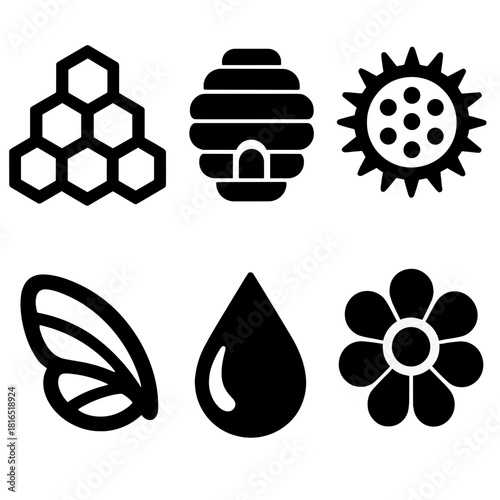 Brutalist Pollinator Icons. Pollinators silhouette icon set: honeycomb, hive, pollen grain, wing, droplet, bloom