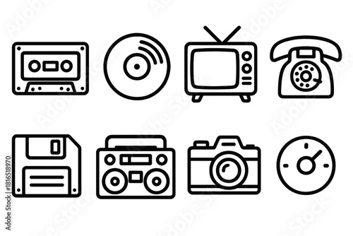 Retro Tech Icons. Retro objects linear icon set: cassette tape, vinyl record, CRT television, rotary phone, floppy disk, boombox, film camera, radio knob
