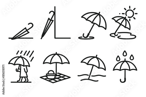 Umbrella Icons Collection. Umbrella scenes linear icon set: umbrella on ground, umbrella leaning against wall, umbrella in puddle, umbrella under sun, umbrella on rainy street