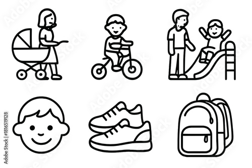 Playful Family Icons. Kids & Parents linear icon set: stroller, tricycle, playground slide, sneakers, smile, backpack