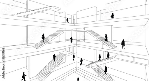 Architectural interior line drawing with stairs and people silhouettes, modern building atrium sketch, black and white vector design for urban planning concept.