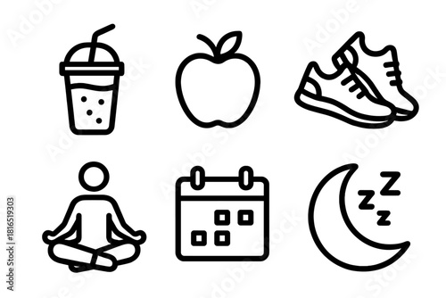 Healthy Living Icons. Healthy Lifestyle linear icon set: smoothie, apple, sneakers, yoga pose, calendar, sleep icon