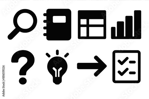 Brutalist Research Icons. Research Methods Essentials silhouette icon set: magnifier, notebook, data table, bar chart, question mark, idea spark, flow arrow, checklist