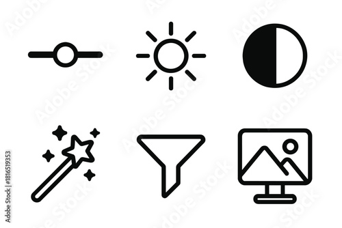 Digital Editing Icons. Digital Enhancement linear icon set: slider bar, brightness icon, contrast symbol, magic wand, filter, preview screen