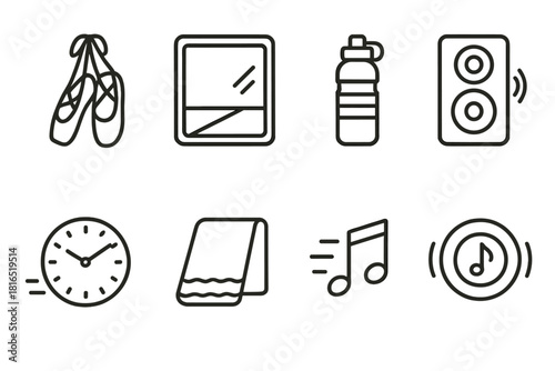 Ballet Practice Icons. Dance Practice linear icon set: ballet shoes, mirror, water bottle, speaker, movement lines, clock, towel, rhythm icon