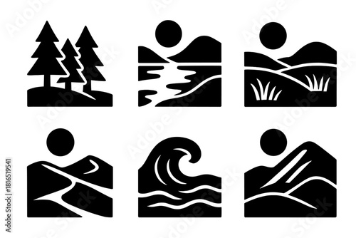 Bold Nature Icons. Nature Scenes Set silhouette icon set: forest grove, lake view, meadow field, desert dune, ocean wave, hillside