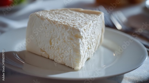 Creamy wedge of soft white cheese with bloomy rind served on elegant white plate, ready for gourmet appetizer or cheese board presentation.