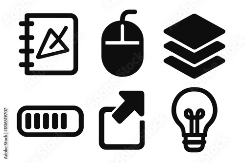 Creative Workflow Icons. Creative Workflow silhouette icon set. sketchbook, mouse, layers icon, progress bar, export symbol, idea bulb