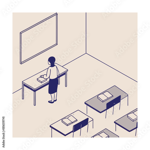 Teacher standing at desk in classroom with blackboard and desks, creating an educational environment for students to learn and grow