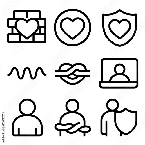 Emotional Protection Icons. Emotional Defense linear icon set: guarded heart, boundary line, protective bubble, calm shield, distance wave, safety knot, gentle barrier, inner guard