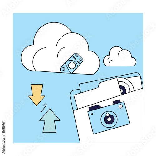 Cloud storage and data transfer concept with cloud, folder, camera, and arrows on blue background, representing digital file management and backup