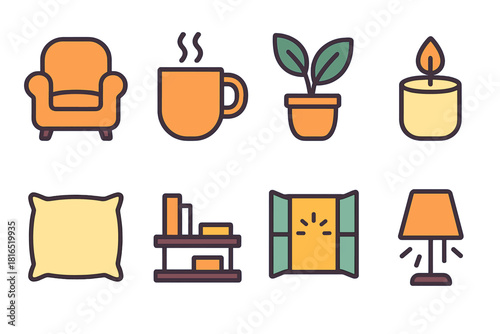 Cozy Home Icons. Domestic wellbeing elements flat icon set: cozy chair, warm mug, house plant, candle flame, soft pillow, tidy shelf, open window, gentle light