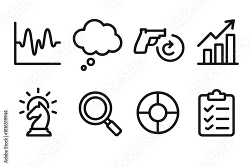 Cognitive Models Icons. Cognitive and Behavioral Models linear icon set: brainwave graph, thought bubble, trigger-response, data chart, motivation symbol, perception lens