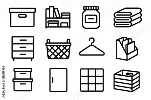 Organized Home Storage Icons. Home Storage linear icon set: storage box, tidy shelf, labeled jar, folded towels, drawer unit, woven basket, closet hanger, file organizer, stacked