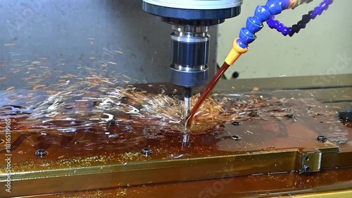 Slow motion scene the CNC milling machine rough cutting the mold parts with oil coolant method.
