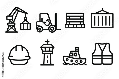 Port Equipment Icons. Port Operations linear icon set. harbor crane, forklift, pallet, cargo container, worker helmet, control tower, tugboat, safety vest