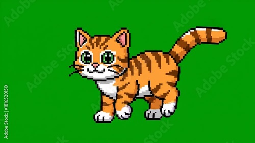 Cute Orange Tabby Cat Pixel Art Animation on Green Screen.