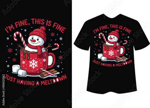 Snowman in hot chocolate mug with candy cane and marshmallows