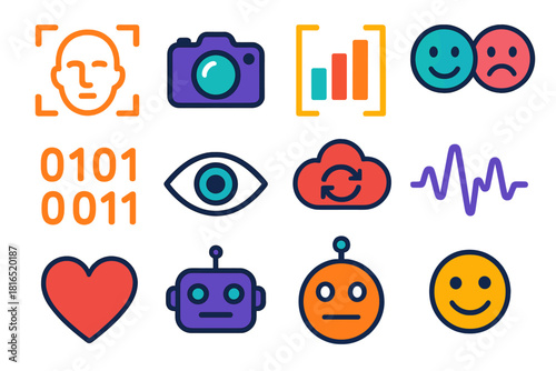 Emotion Symbol Vector Icons. Emotion recognition flat icon set: face outline, camera lens, bar chart, smile icon, frown icon, binary code, eye, cloud sync, waveform, heart, robot