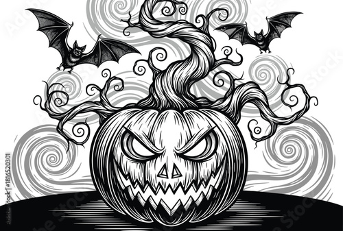 Detailed woodcut style vector illustration of an evil Halloween pumpkin with gnarly roots and bats against a grey swirling wind sky background.