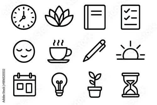 Mindfulness Productivity Icons. Mindfulness and productivity linear icon set: clock, lotus flower, notebook, checklist, calm face, coffee cup, pen, sunrise, calendar, light bulb