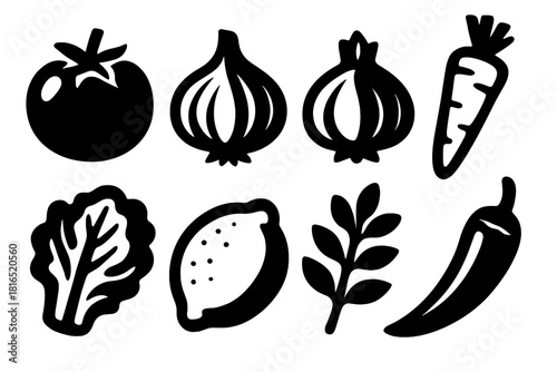 Bold Fresh Ingredients. Fresh Ingredients Set silhouette icon set: tomato, onion, garlic, carrot, lettuce, lemon, herbs, chili pepper