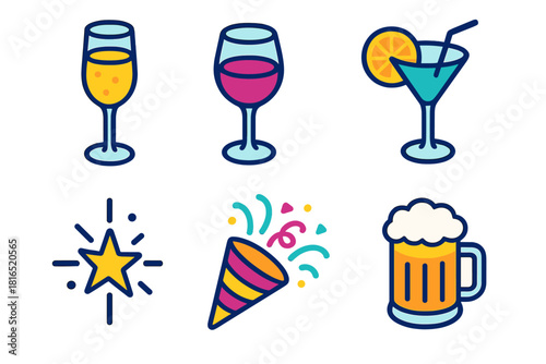 Colorful Drink Icons. Celebration Drinks flat icons set. Champagne Glass, Wine Glass, Cocktail, Beer Mug, Sparkle, Confetti.