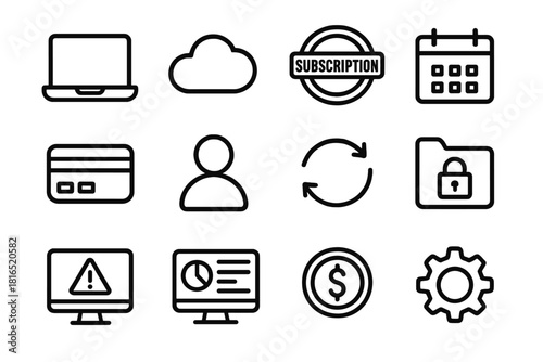 Digital Subscription Icons. Digital Subscription linear icon set: laptop screen, cloud icon, subscription badge, calendar symbol, payment card, user silhouette, renewal arrows