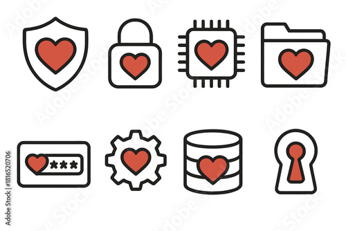 Heart-Inspired Security Icons. Technology and security concept linear icon set: heart inside shield, heart in lock, heart in chip, heart in folder, heart in password box, heart in