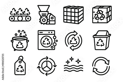 Recycling Process Icons. Recycling Process Icons linear icon set: sorting conveyor, shredder wheel, baled materials, compressed cube, melting pot, wash cycle, repurpose arrow
