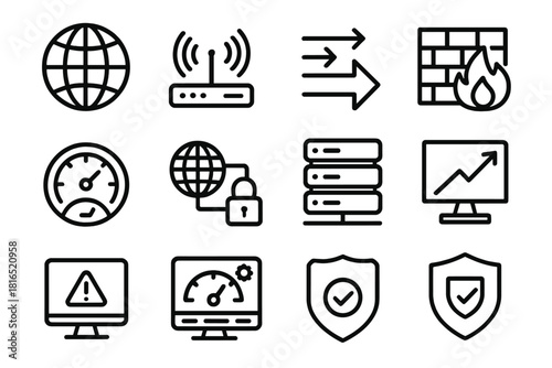 Network Performance Icons. Network Performance linear icon set. network globe, router icon, signal waves, data flow, firewall grid, speed arrow, secure connection, server rack