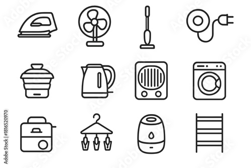 Compact Home Solutions. Space-Saving Devices linear icon set: foldable iron, wall-mounted fan, slim vacuum, retractable cord, collapsible steamer, cordless kettle, compact heater