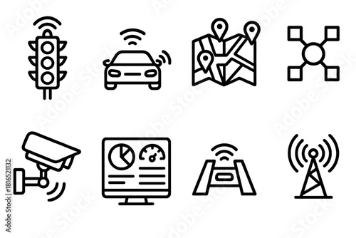 Smart Traffic System Icons. AI Traffic Management Set linear icon set: smart traffic light, autonomous car, city map, data network, surveillance camera, control dashboard, road