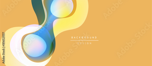 Abstract shapes overlap, creating dynamic composition. Warm yellow background complements cool blue hues. Modern design element.